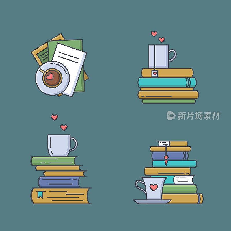 一套彩色图标为书迷。书架、咖啡杯或茶杯和纸杯。心元素如蒸汽，茶标签或饼干。我喜欢读概念书。矢量孤立，线性风格。