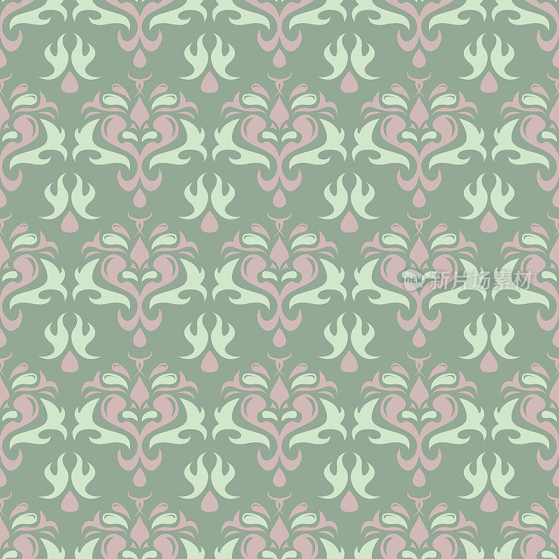 橄榄绿色花无缝图案与淡粉色元素。带有花卉图案的背景