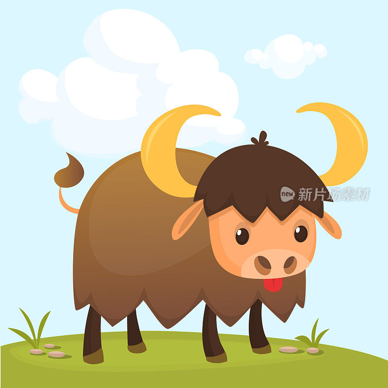 卡通美国公牛(水牛，公牛，野牛)凝视着草地。为儿童和儿童的彩色书页