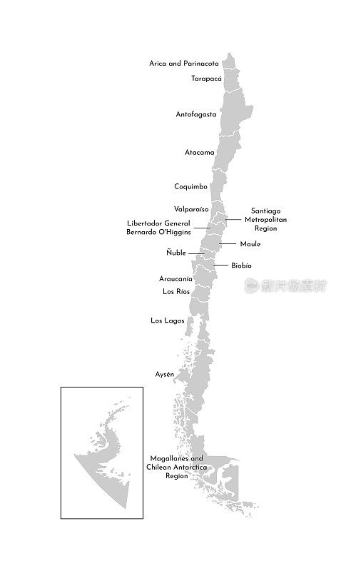 智利简化行政地图矢量孤立插图。地区的边界和名称。灰色的剪影。白色的轮廓