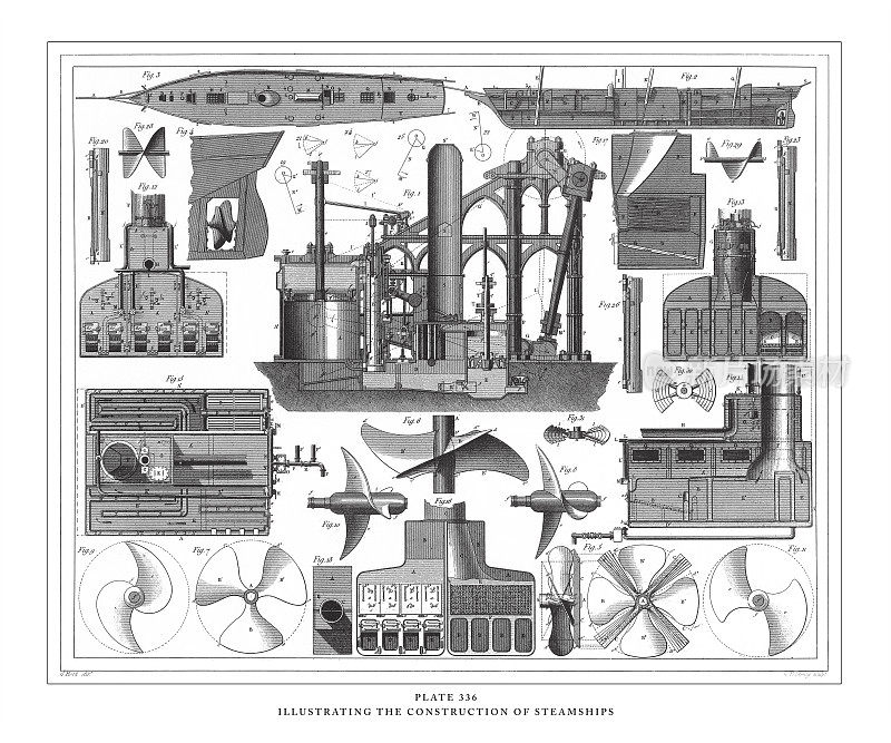说明蒸汽船的构造雕刻古董插图，出版于1851年
