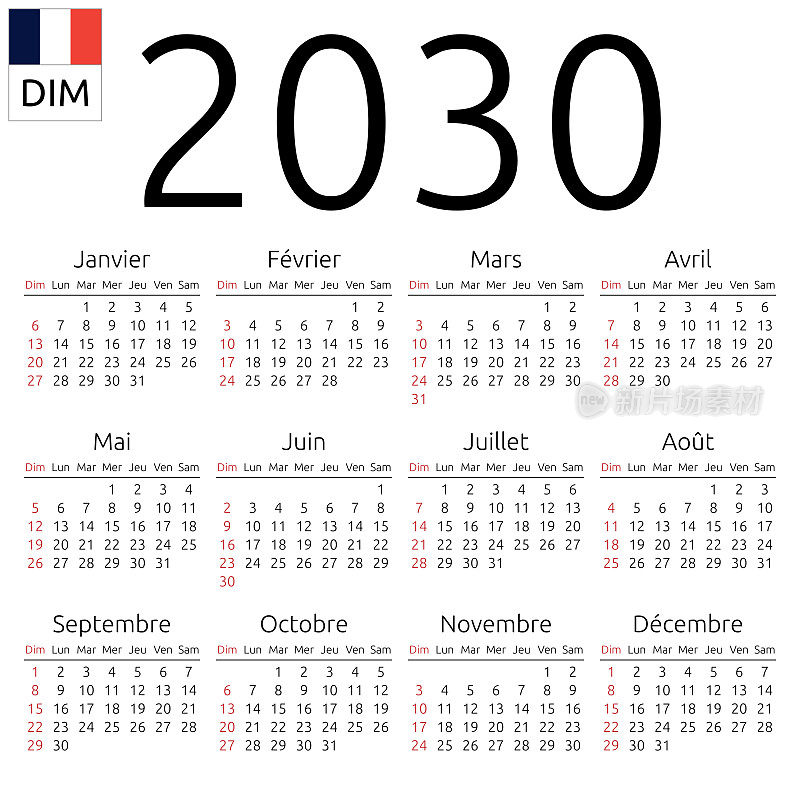 日历2030年，法国，周日