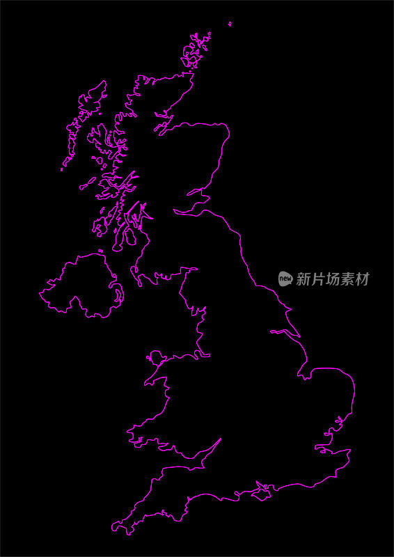 以黑色为背景的英国霓虹地图