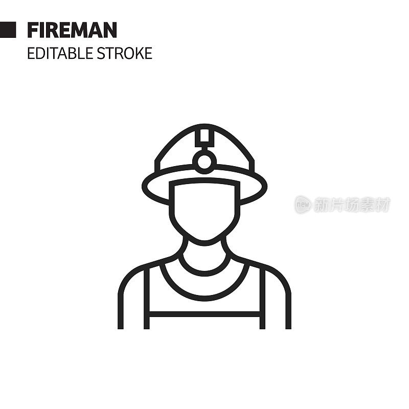 消防员头像线图标，轮廓矢量符号插图。完美像素，可编辑的描边。