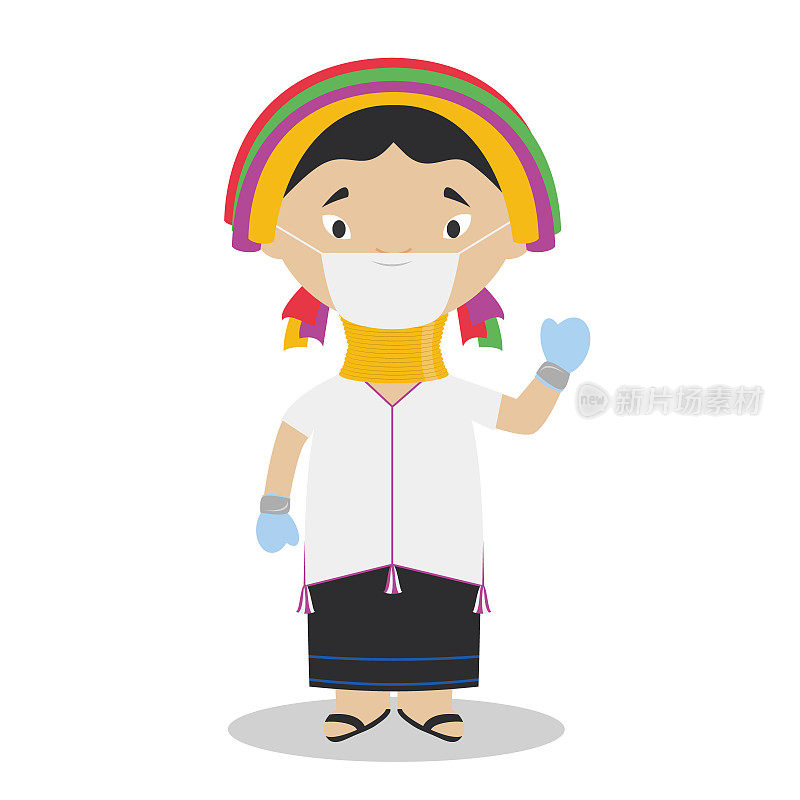 来自缅甸(卡扬部落)的巴东女孩角色穿着传统的服装，戴着外科口罩和乳胶手套，以保护自己免受卫生紧急情况的影响