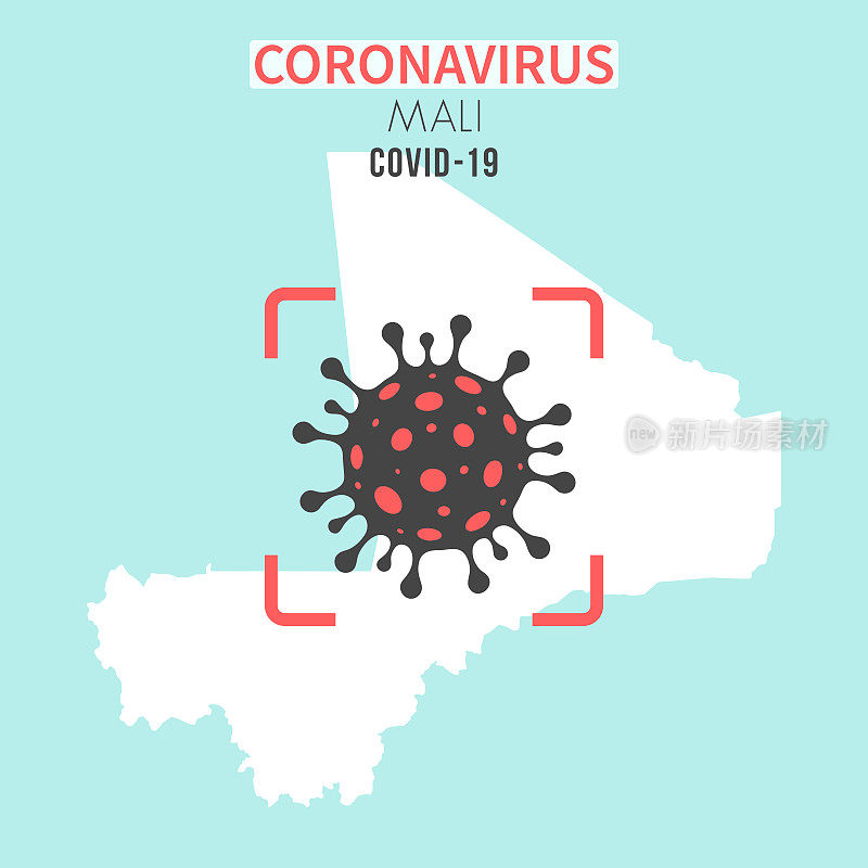 马里地图，红色取景器中有冠状病毒细胞(COVID-19)