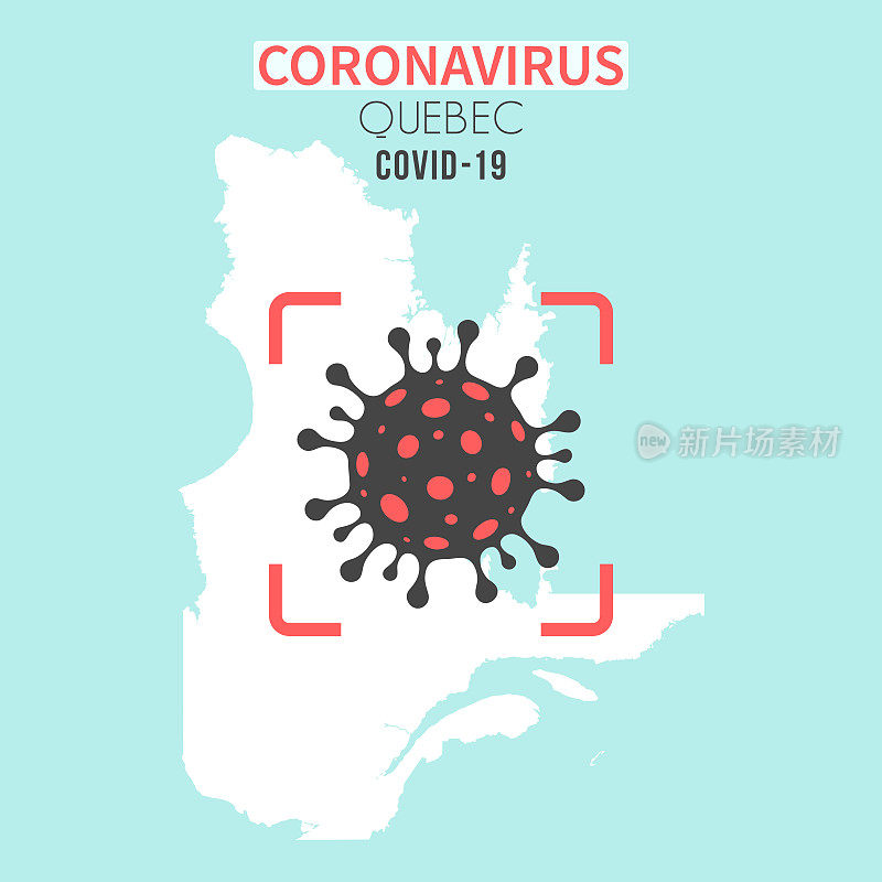 魁北克地图，红色取景器中有冠状病毒细胞(COVID-19)