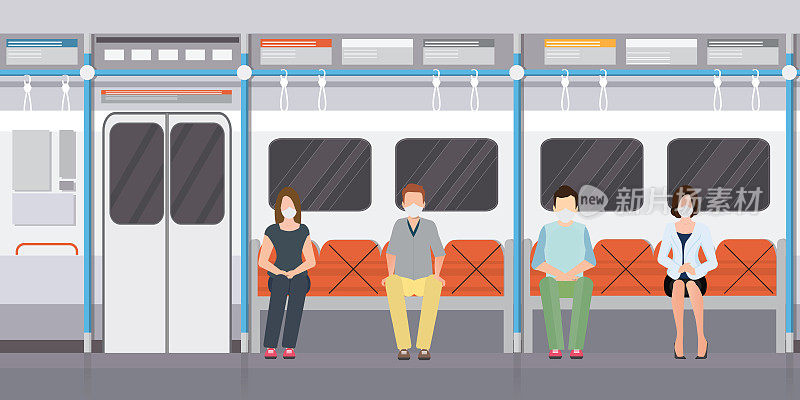 在地铁上戴口罩的人的社交距离概念。