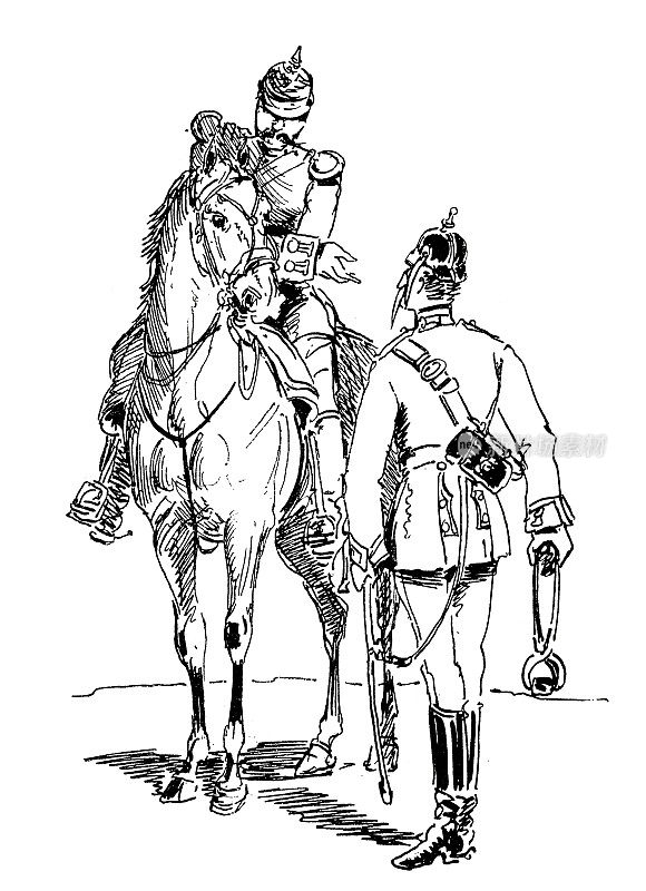 一个骑在马上的士兵在和一个站着的士兵说话