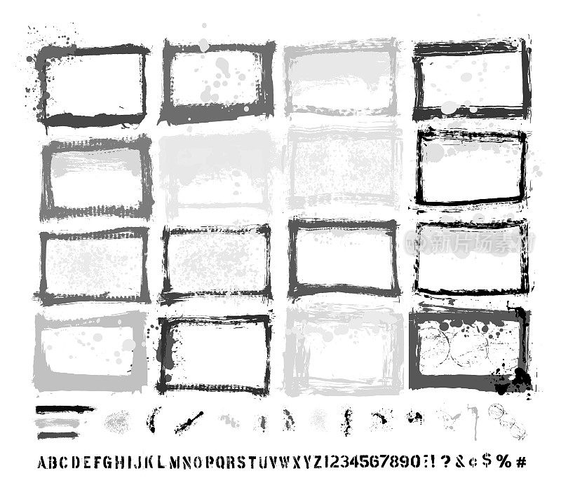 设计师要点:油漆垃圾边框模板&飞溅&滴&滴&手工制作的字母字体矢量集
