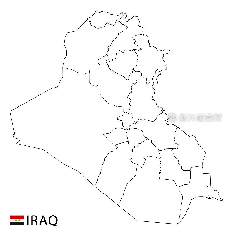 伊拉克地图，黑白详细勾勒出该国各地区。