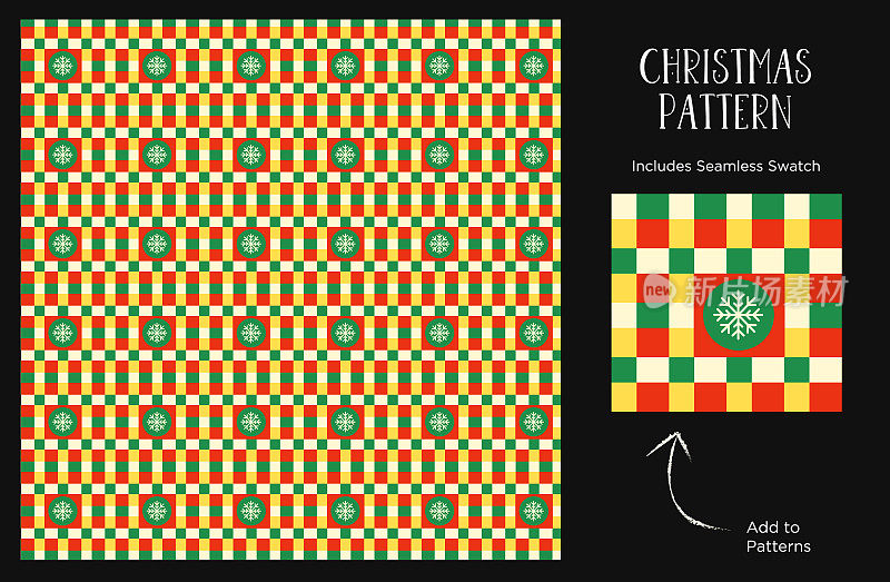无缝圣诞图案与格子红色和绿色雪花包装纸或服装印刷