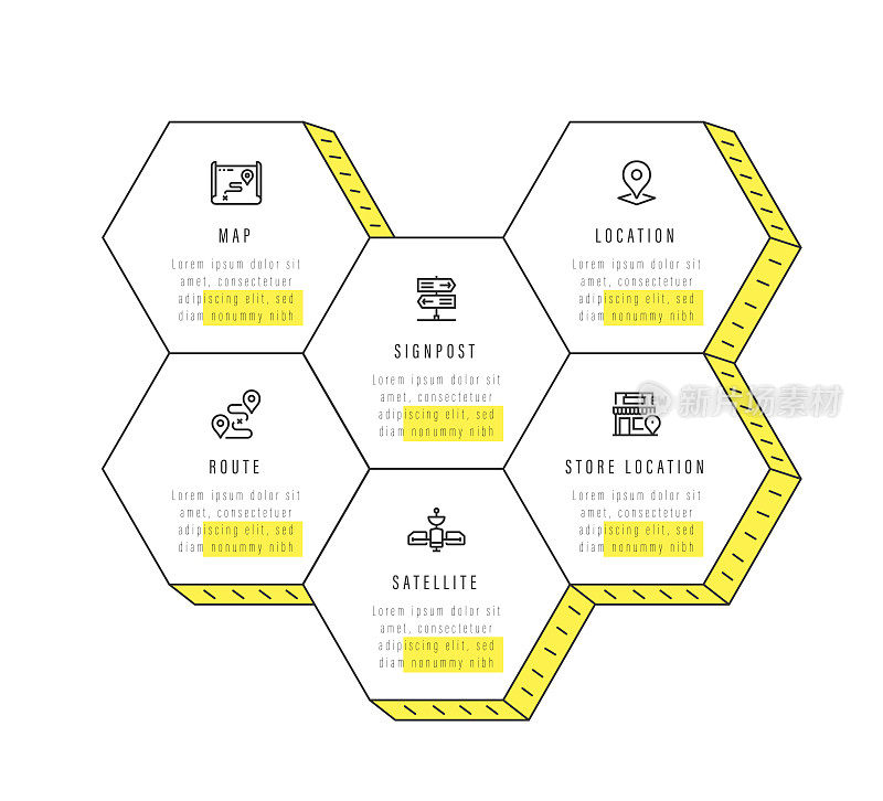 信息图表设计模板。地图，路标，位置，路线，卫星，商店位置图标与6个选项或步骤。