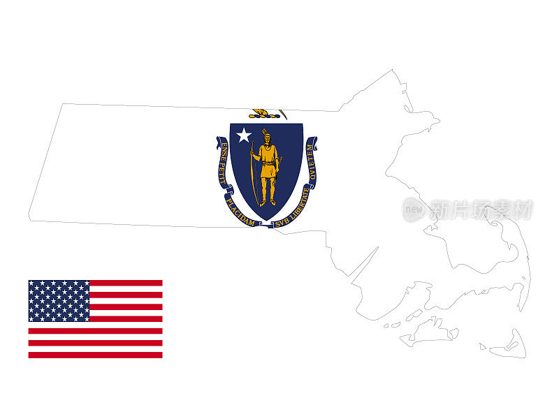马萨诸塞州地图和美国国旗