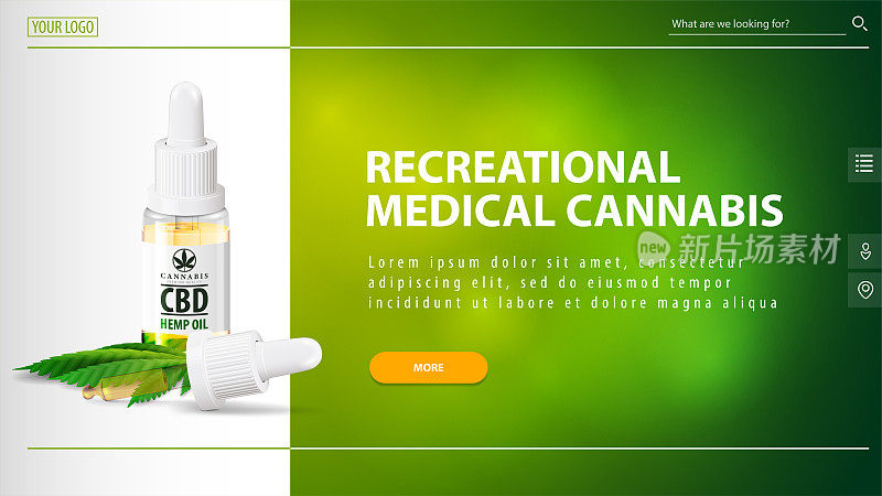 休闲药用大麻，白色和绿色标题的网站与CBD油瓶与移液管和橙色按钮在绿色模糊的背景