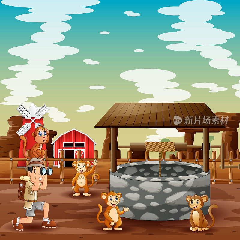 农场插图中的探险家男孩和猴子