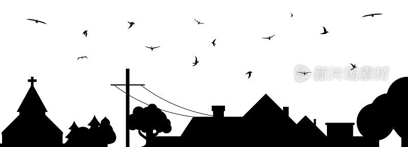 农村的场景。乡村景观的剪影与一群鸟。平面矢量插图孤立在白色