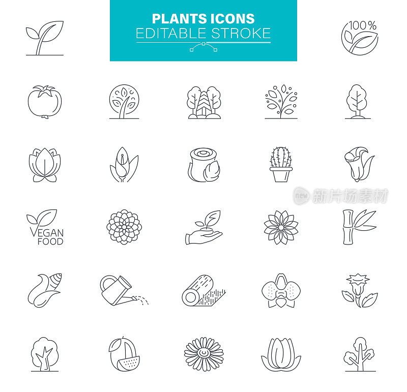 植物图标可编辑的描边。包含叶子、水果、花束、花朵等图标