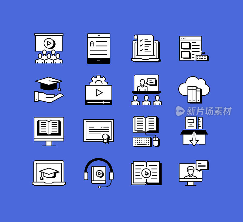 E-Learning相关图标向量集合。现代风格符号矢量插图