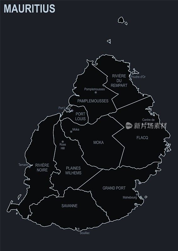 在黑色背景上的毛里求斯城市和地区的平面地图