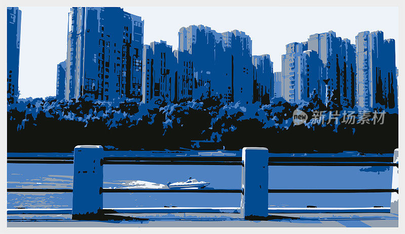 矢量超现实主义雕刻风格复古现代城市河流景观场景图案插画背景