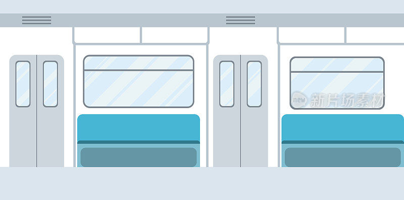 地铁地铁车厢内饰。公共交通上有城市地下地铁和公共交通的乘客。空地铁概念设计