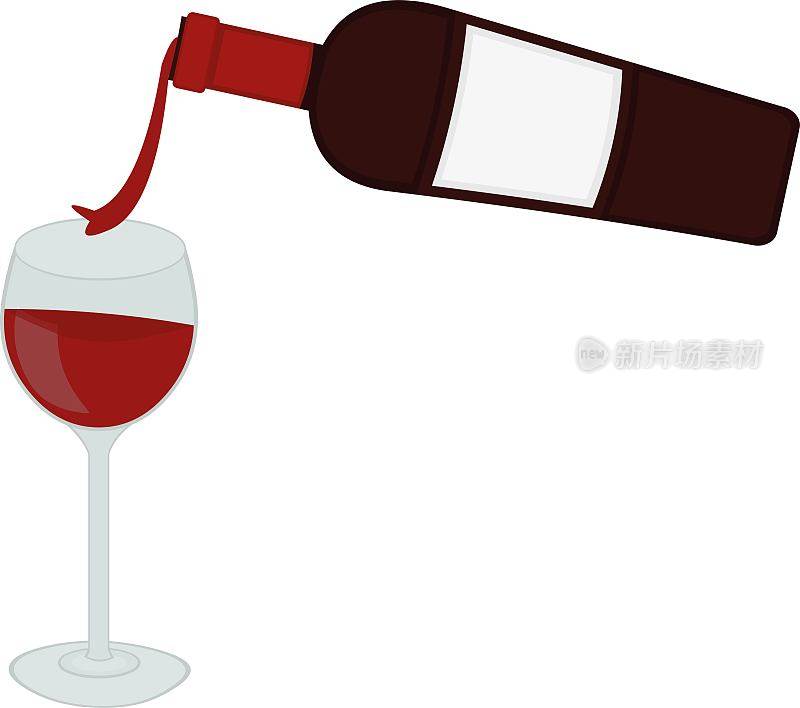 矢量插图的一个瓶子倒葡萄酒到一个杯子