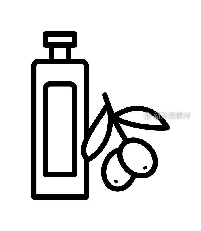 橄榄色产品的扁平线条图标。新鲜树胎和瓶装橄榄油。轮廓标志为移动概念和网页设计，商店