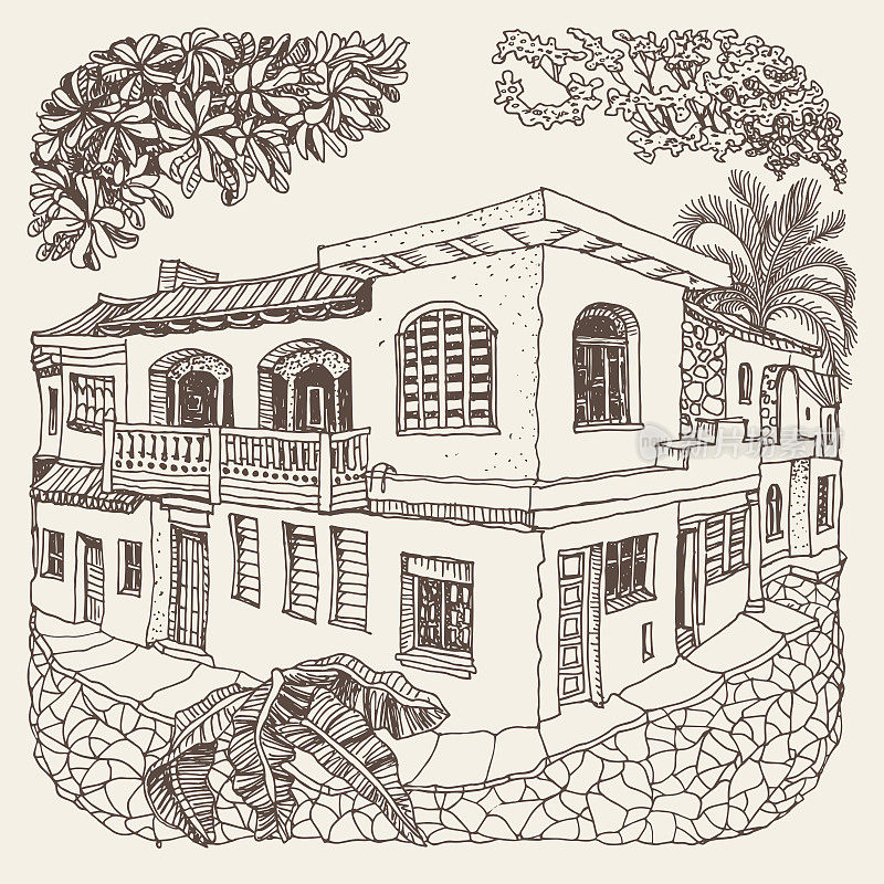 矢量手绘了梦幻城市景观的痕迹与棕榈树，中世纪老城街道的房子。在米色背景上的棕色涂鸦素描。t恤印花，宣传册封面，成人涂色书页