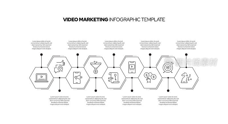 视频营销概念矢量线信息图形设计图标。9选项或步骤的介绍，横幅，工作流程布局，流程图等。