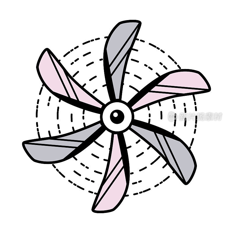 矢量卡通插图的旋转飞机螺旋桨。旋转的螺旋桨的象征。风车的标志。纸风车的迹象。缠绕扇叶标志。