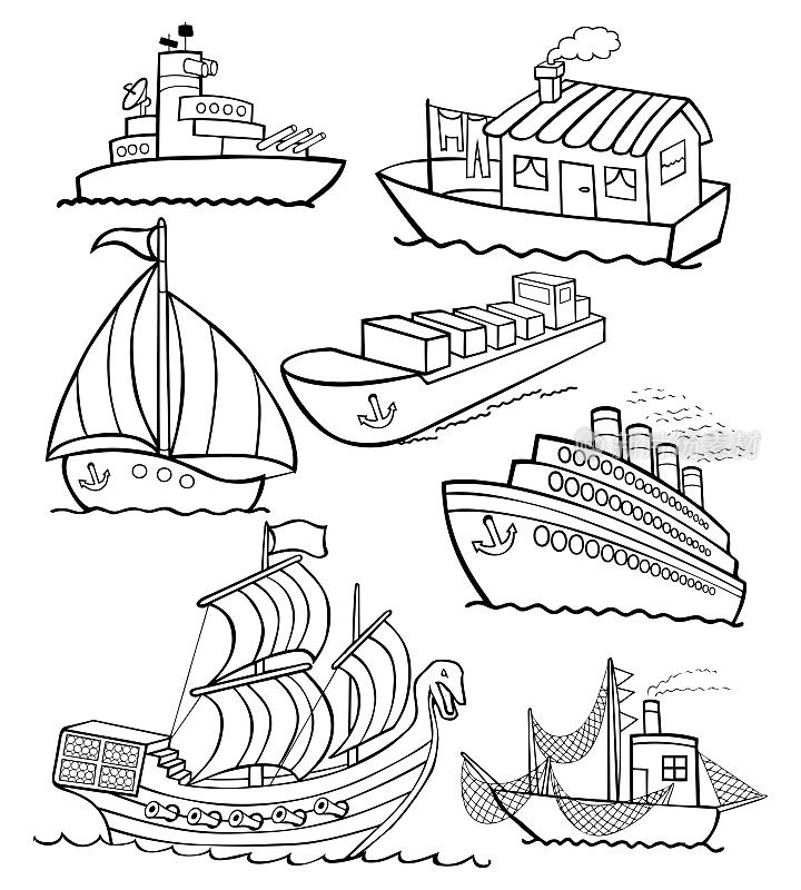 不同船的漫画-涂色书页