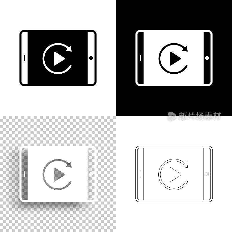在平板电脑上播放。图标设计。空白，白色和黑色背景-线图标