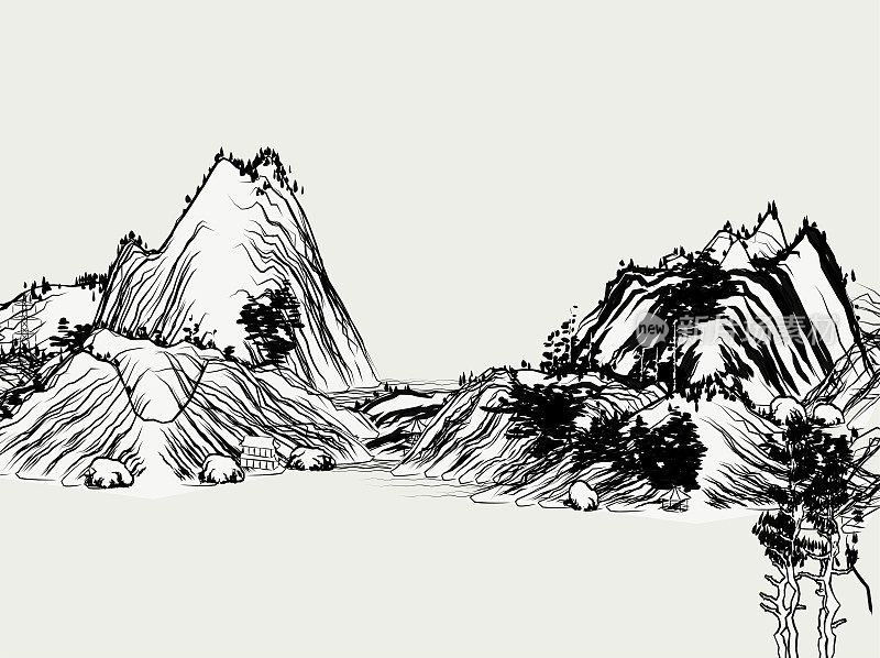 抽象的中国传统山水画插图，水墨画山水画