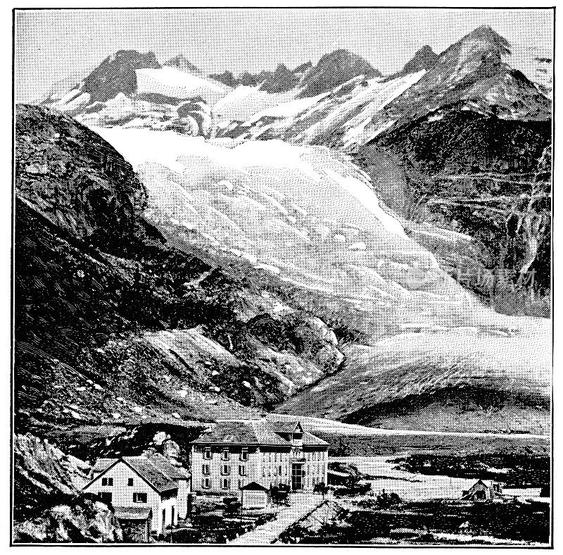 19世纪，瑞士瓦莱州的格莱奇村和Rhône冰川