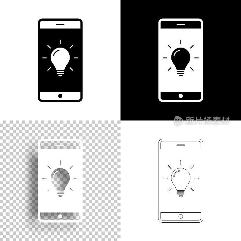 带灯泡的智能手机。图标设计。空白，白色和黑色背景-线图标
