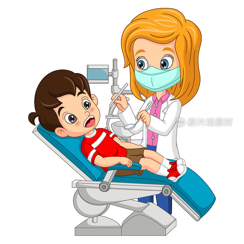 卡通牙医医生检查男孩的牙齿