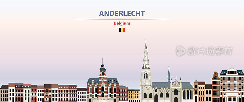 安德莱赫特的日落天空背景矢量插图与国家和城市的名字和比利时的国旗