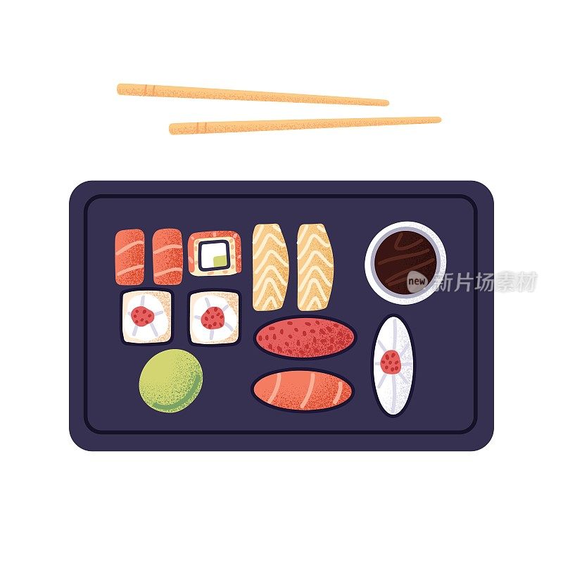 寿司盒，配有筷子。日本海鲜，配米饭、红鱼、金枪鱼、鲑鱼、鱼子酱和海苔。日本卷，寿司和手握寿司配酱料。平面矢量插图孤立在白色背景上