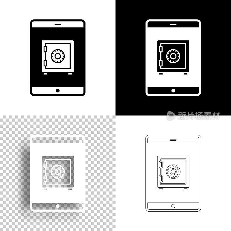 带保险箱的平板电脑。图标设计。空白，白色和黑色背景-线图标
