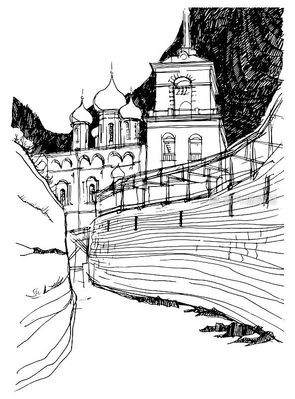 普斯科夫的古砖墙和克林姆林宫的三位一体大教堂的钟楼。矢量描墨水和钢笔素描