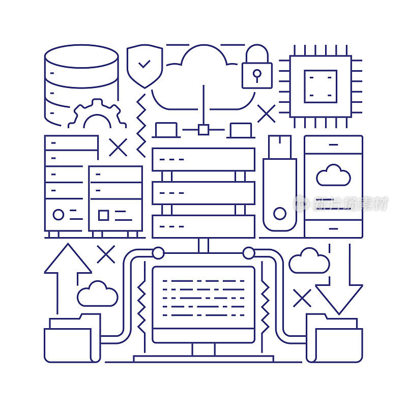 云计算对象和元素。线条图标插图集合。图标设置或标题模板。