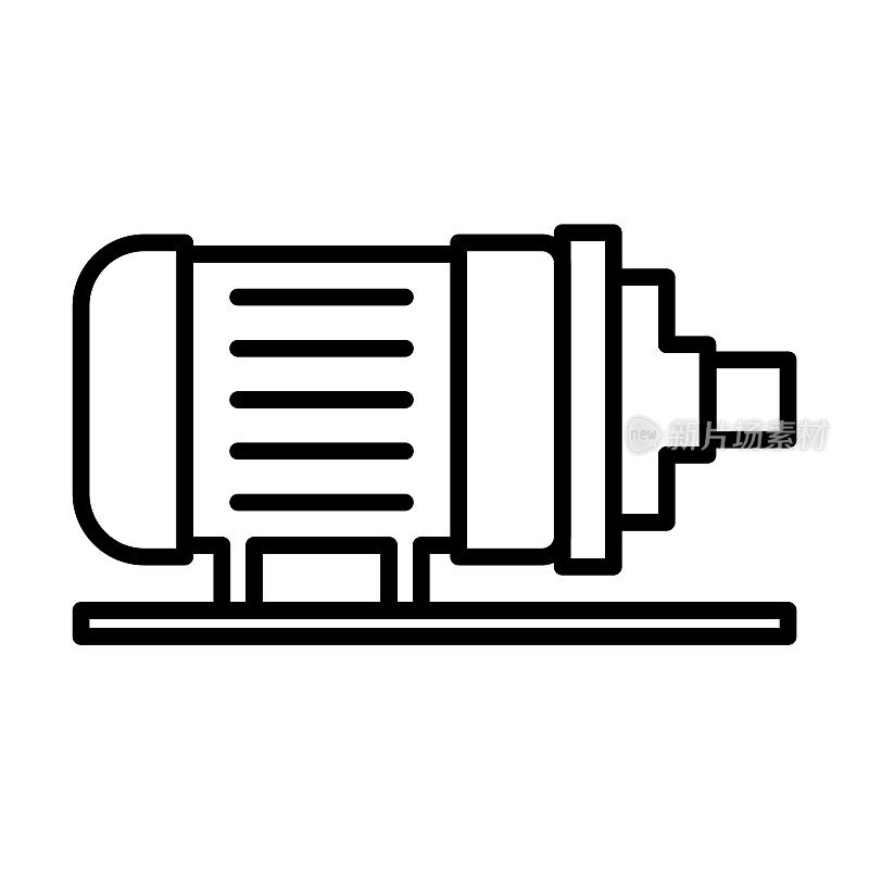 电机图标。薄直线电机轮廓图标孤立在白色背景。直线矢量电机符号，用于网页和移动的符号。