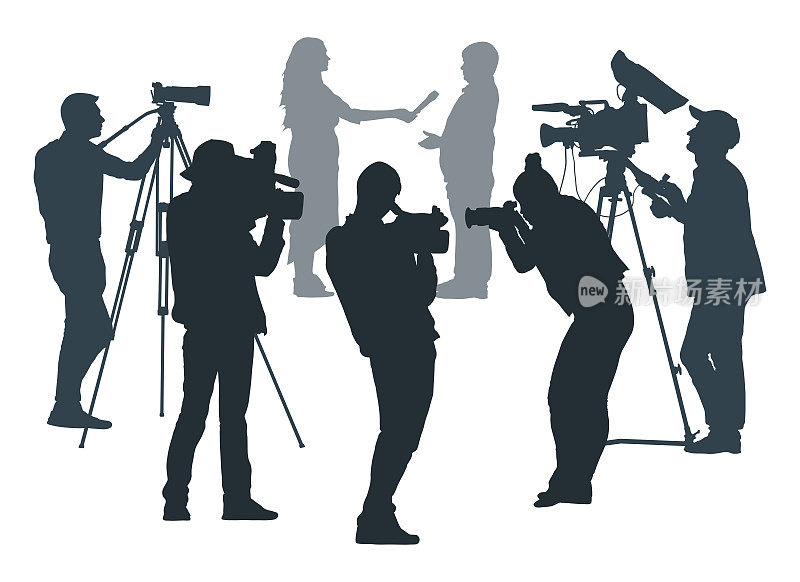 记者正在采访，剪影。新闻发布会上,记者。有摄像机和照相机的人。矢量图