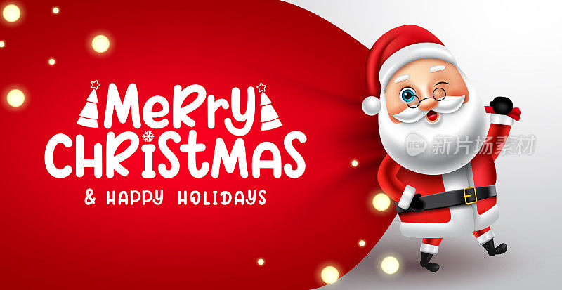 圣诞圣诞老人矢量设计。圣诞快乐祝福文字与圣诞老人字符拉红麻袋的圣诞假期。