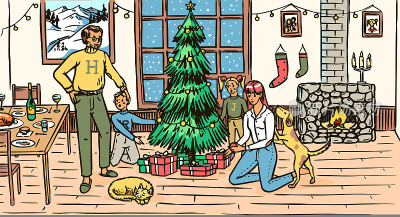 一家人正在装饰圣诞树迎接圣诞节。妈妈，爸爸，狗，猫和孩子在窗前，家里有壁炉。舒适的气氛。冬天的概念。手绘草图。古典雕刻插图