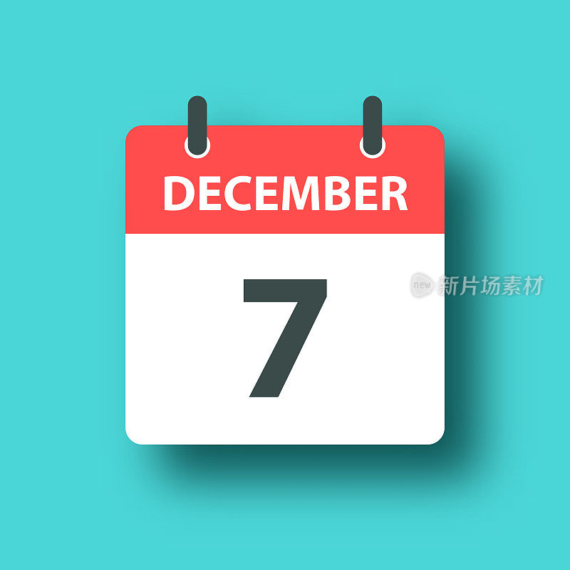 12月7日-日常日历图标上的蓝色绿色背景与阴影