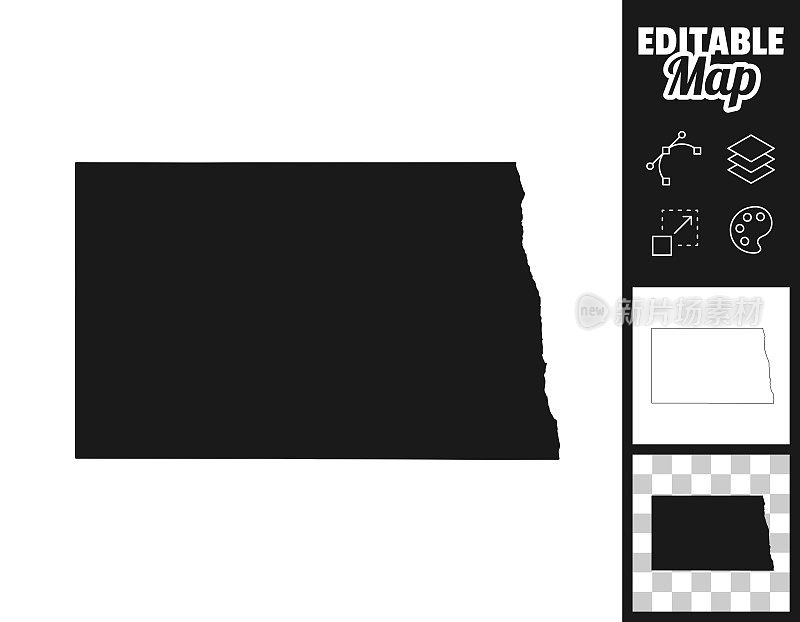 北达科他州地图设计。轻松地编辑