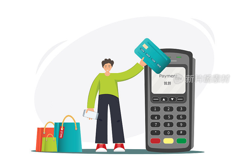 男人用信用卡支付，通过手机和终端少接触购买，网上购物概念，少接触支付概念，平面矢量插图