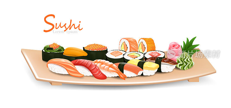 一套寿司日本传统食物与不同种类的木制盘子矢量插图